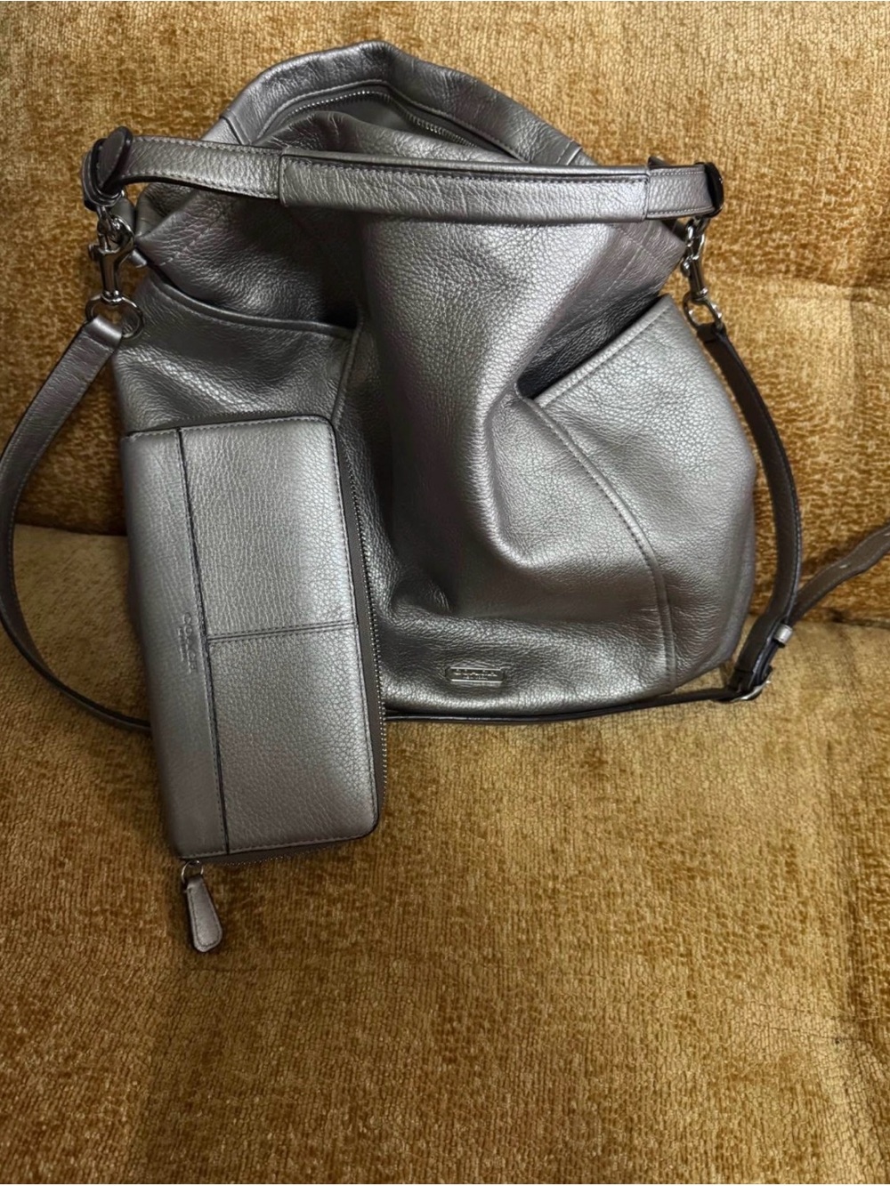 Coach Metallic Gray Leather Crossbody Hobo with Wallet